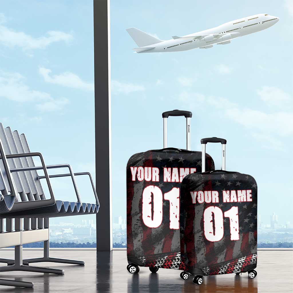 Motocross Rider Luggage Cover with American Flag Background and Extreme Text in Red and Black Grunge Design TS04