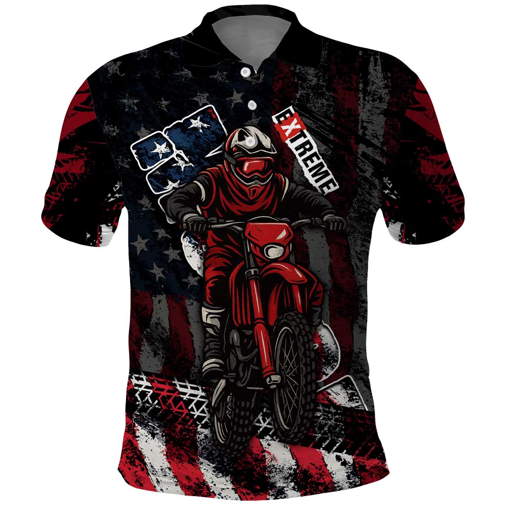 Motocross Rider Polo Shirt with American Flag Background and Extreme Text in Red and Black Grunge Design TS04