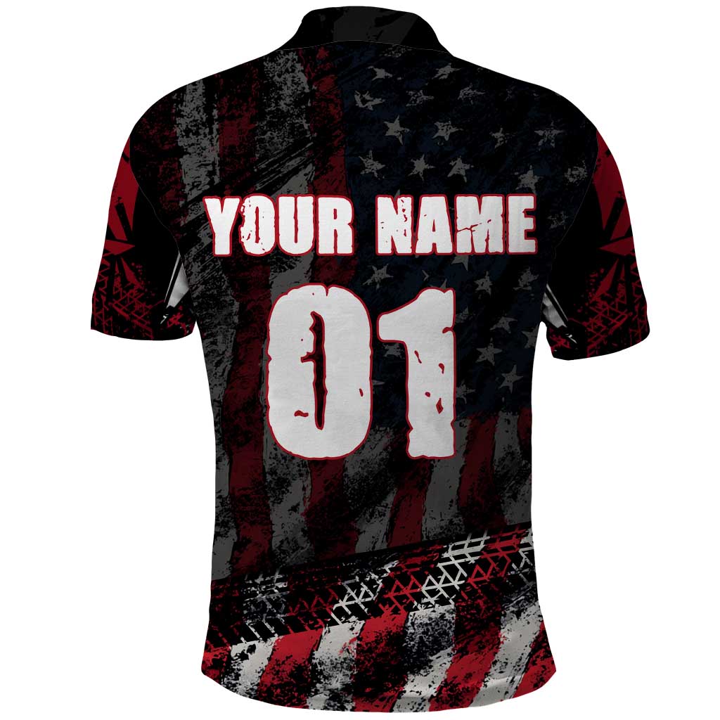Motocross Rider Polo Shirt with American Flag Background and Extreme Text in Red and Black Grunge Design TS04