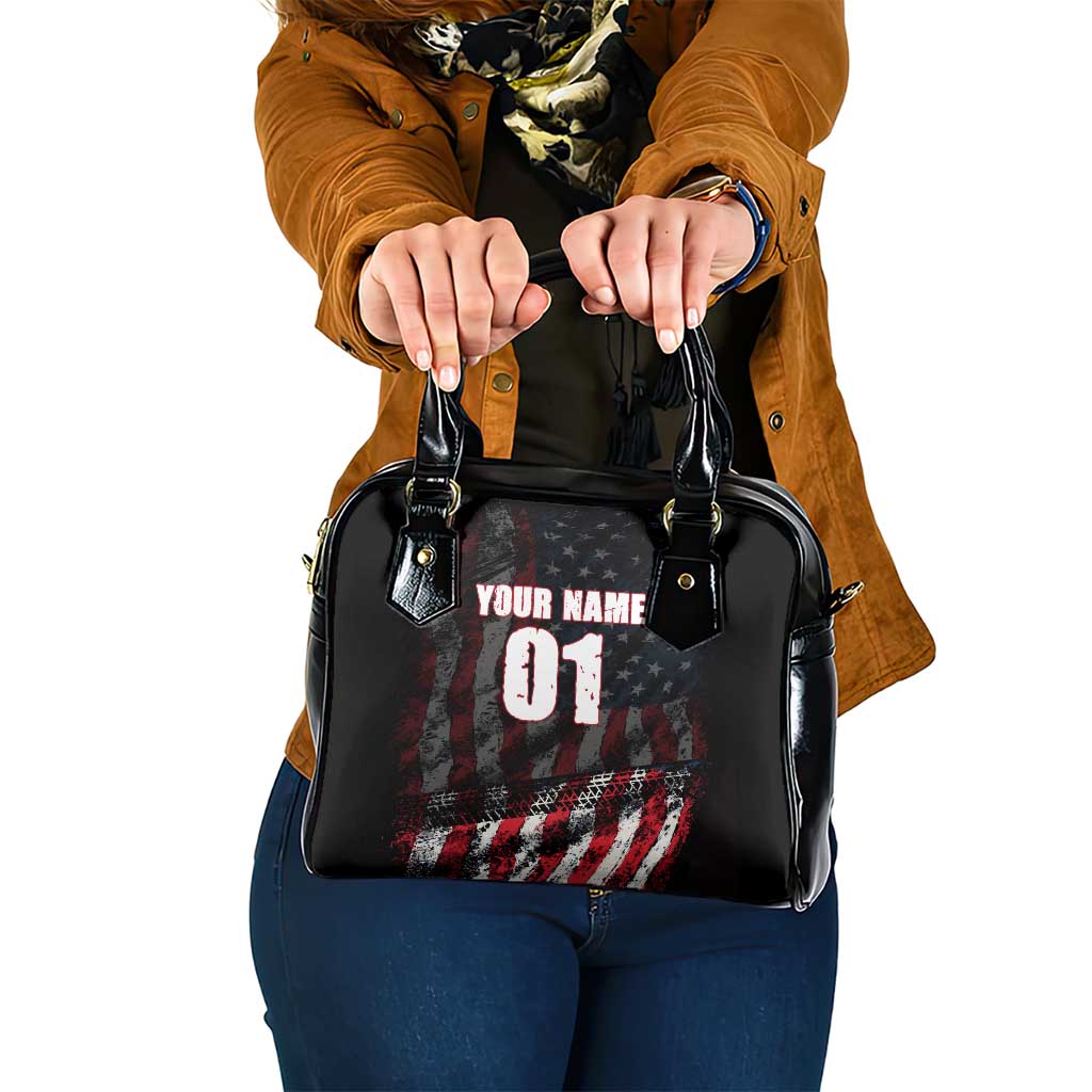 Motocross Rider Shoulder Handbag with American Flag Background and Extreme Text in Red and Black Grunge Design TS04