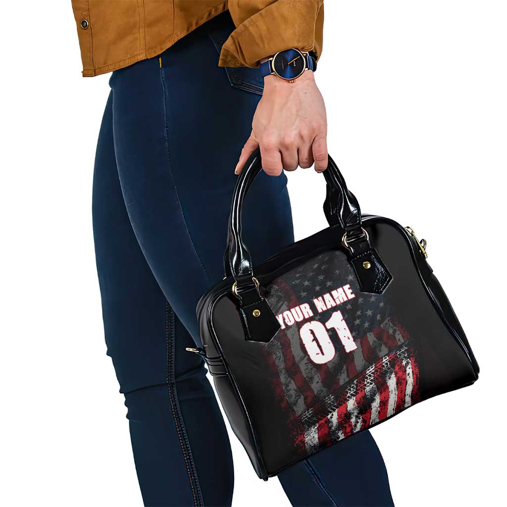 Motocross Rider Shoulder Handbag with American Flag Background and Extreme Text in Red and Black Grunge Design TS04