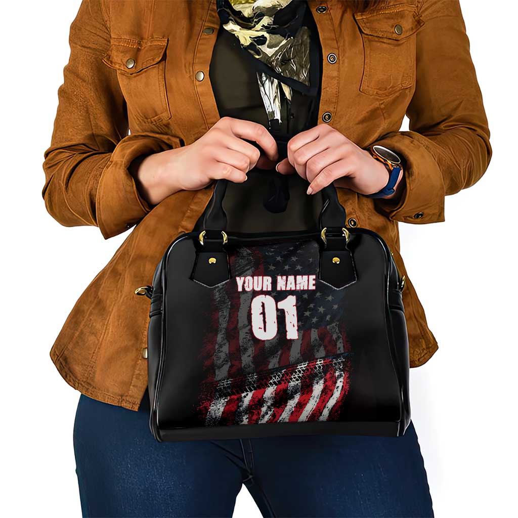 Motocross Rider Shoulder Handbag with American Flag Background and Extreme Text in Red and Black Grunge Design TS04