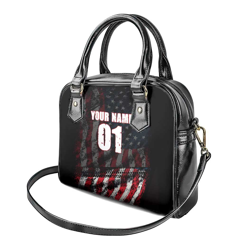 Motocross Rider Shoulder Handbag with American Flag Background and Extreme Text in Red and Black Grunge Design TS04