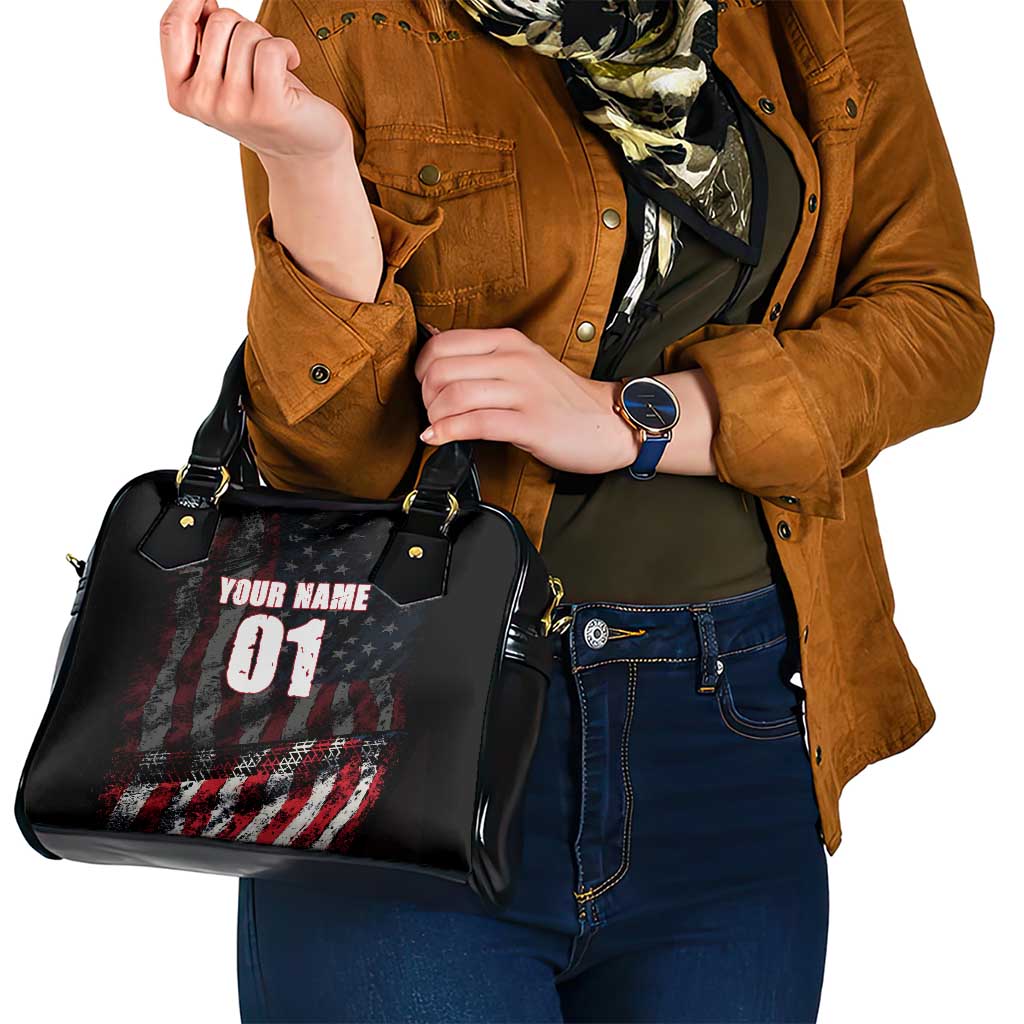 Motocross Rider Shoulder Handbag with American Flag Background and Extreme Text in Red and Black Grunge Design TS04