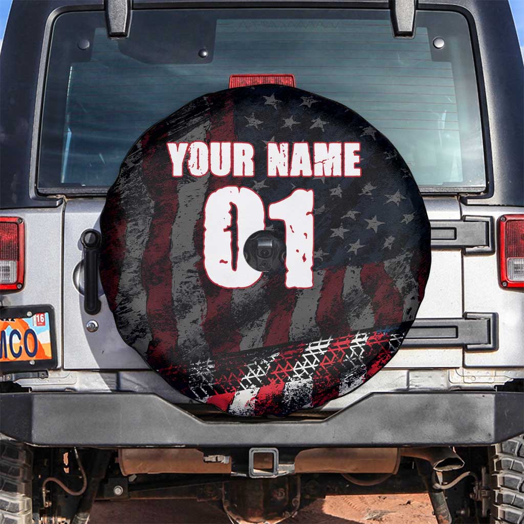 Motocross Rider Spare Tire Cover with American Flag Background and Extreme Text in Red and Black Grunge Design TS04