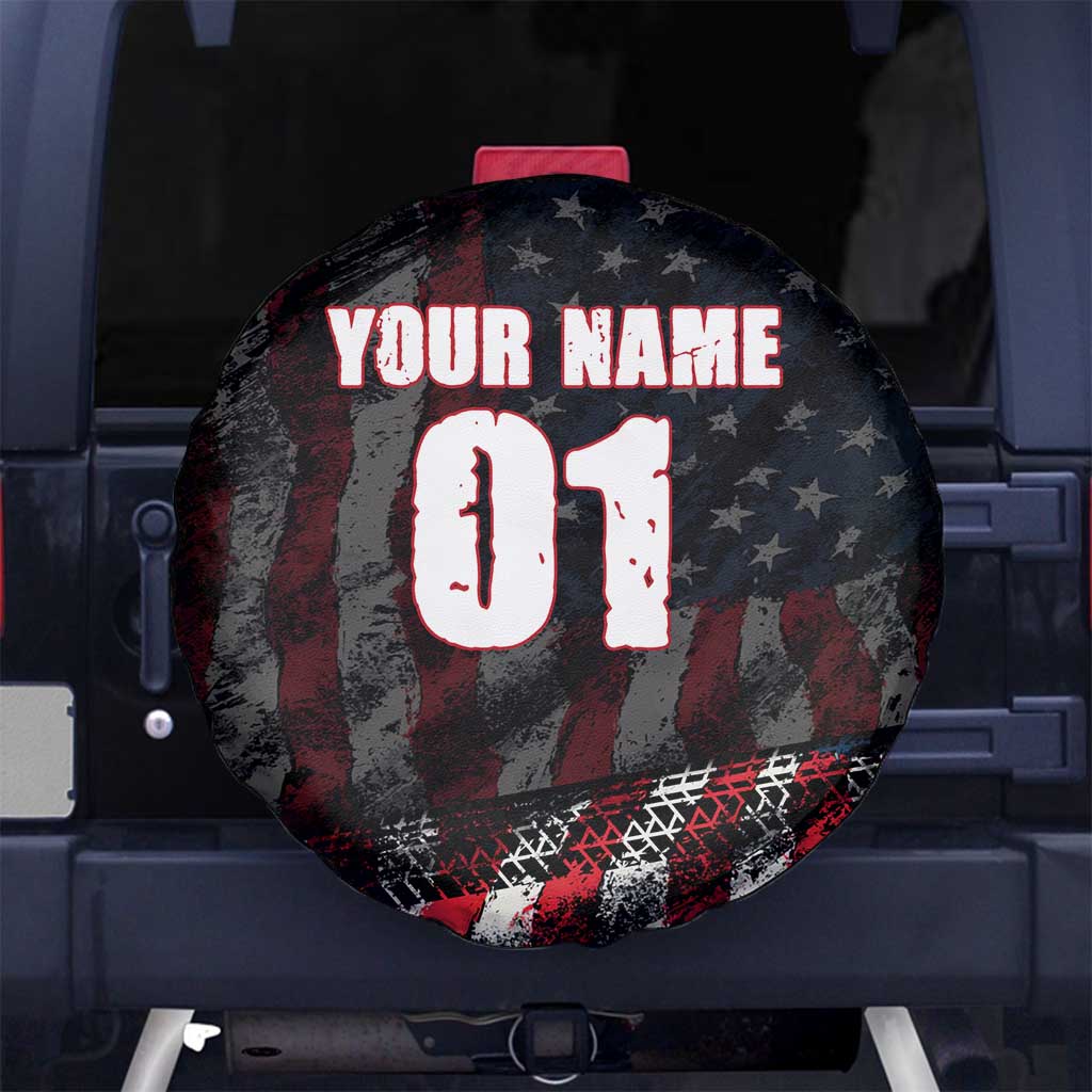 Motocross Rider Spare Tire Cover with American Flag Background and Extreme Text in Red and Black Grunge Design TS04