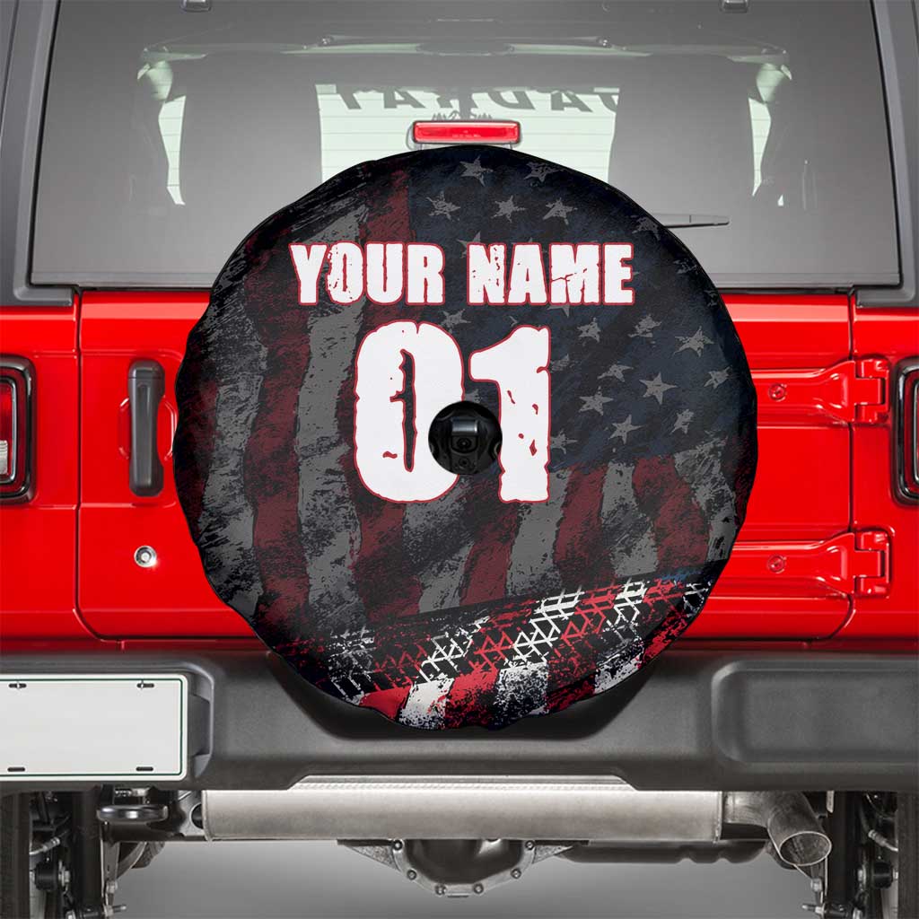 Motocross Rider Spare Tire Cover with American Flag Background and Extreme Text in Red and Black Grunge Design TS04