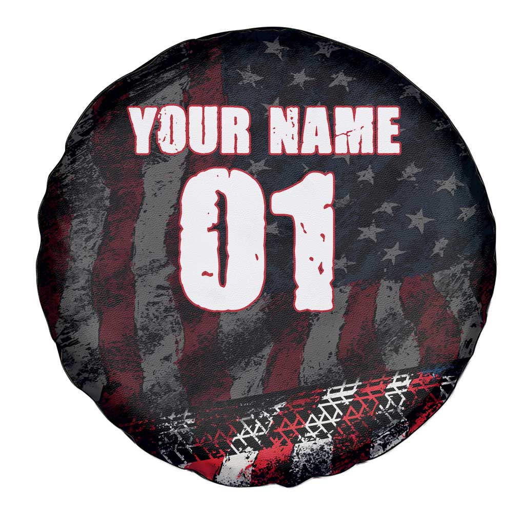 Motocross Rider Spare Tire Cover with American Flag Background and Extreme Text in Red and Black Grunge Design TS04