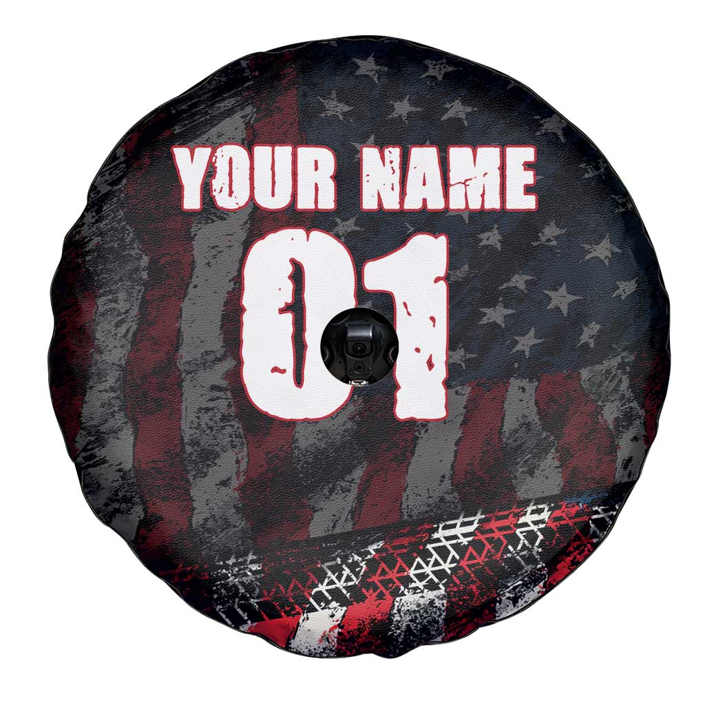 Motocross Rider Spare Tire Cover with American Flag Background and Extreme Text in Red and Black Grunge Design TS04