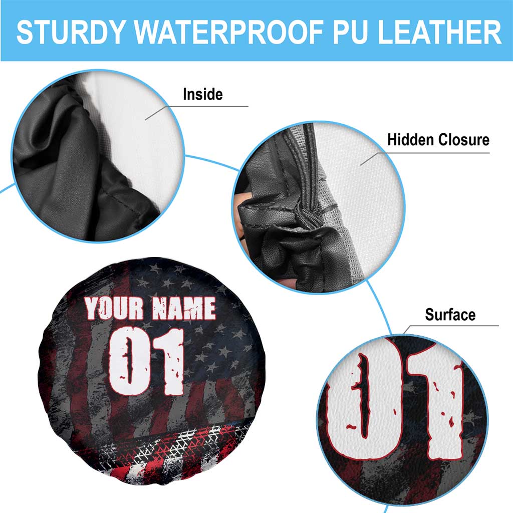 Motocross Rider Spare Tire Cover with American Flag Background and Extreme Text in Red and Black Grunge Design TS04