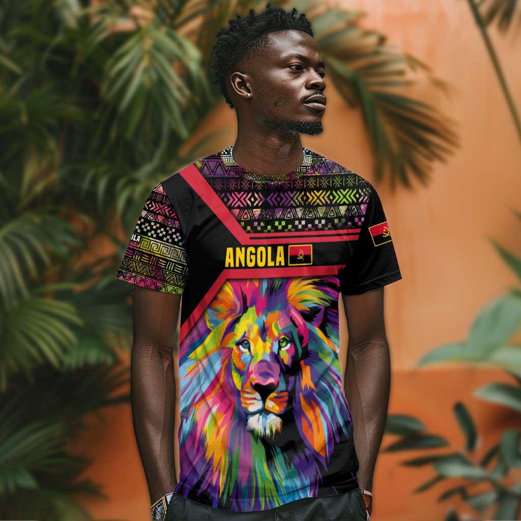 Angola T shirt Multicolor Tribal Design and Vibrant Lion TS04