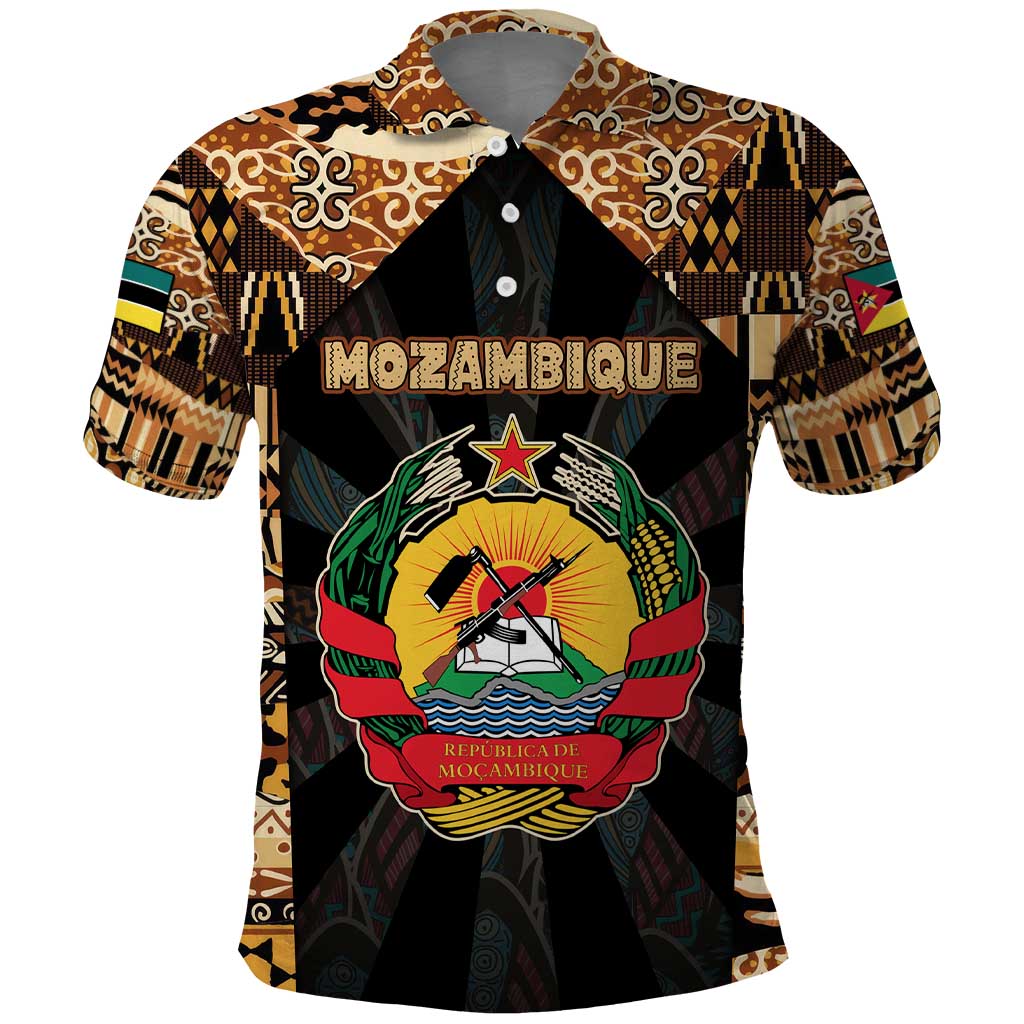 Mozambique Polo Shirt with Black Brown Tribal Design and National Emblem TS04