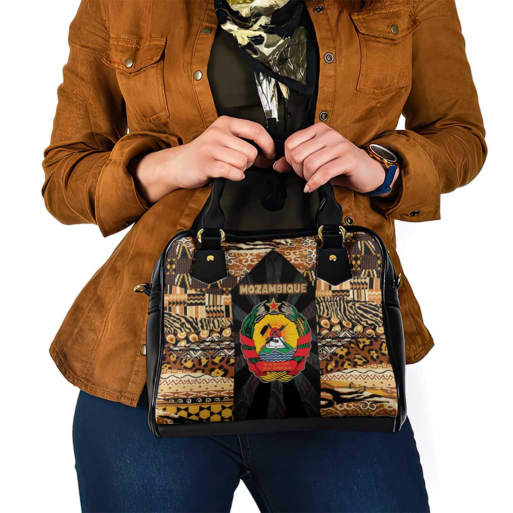Mozambique Shoulder Handbag with Black Brown Tribal Design and National Emblem TS04