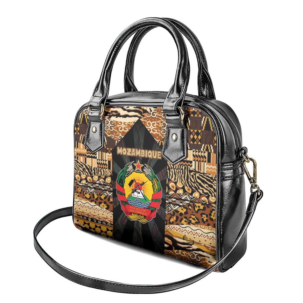 Mozambique Shoulder Handbag with Black Brown Tribal Design and National Emblem TS04