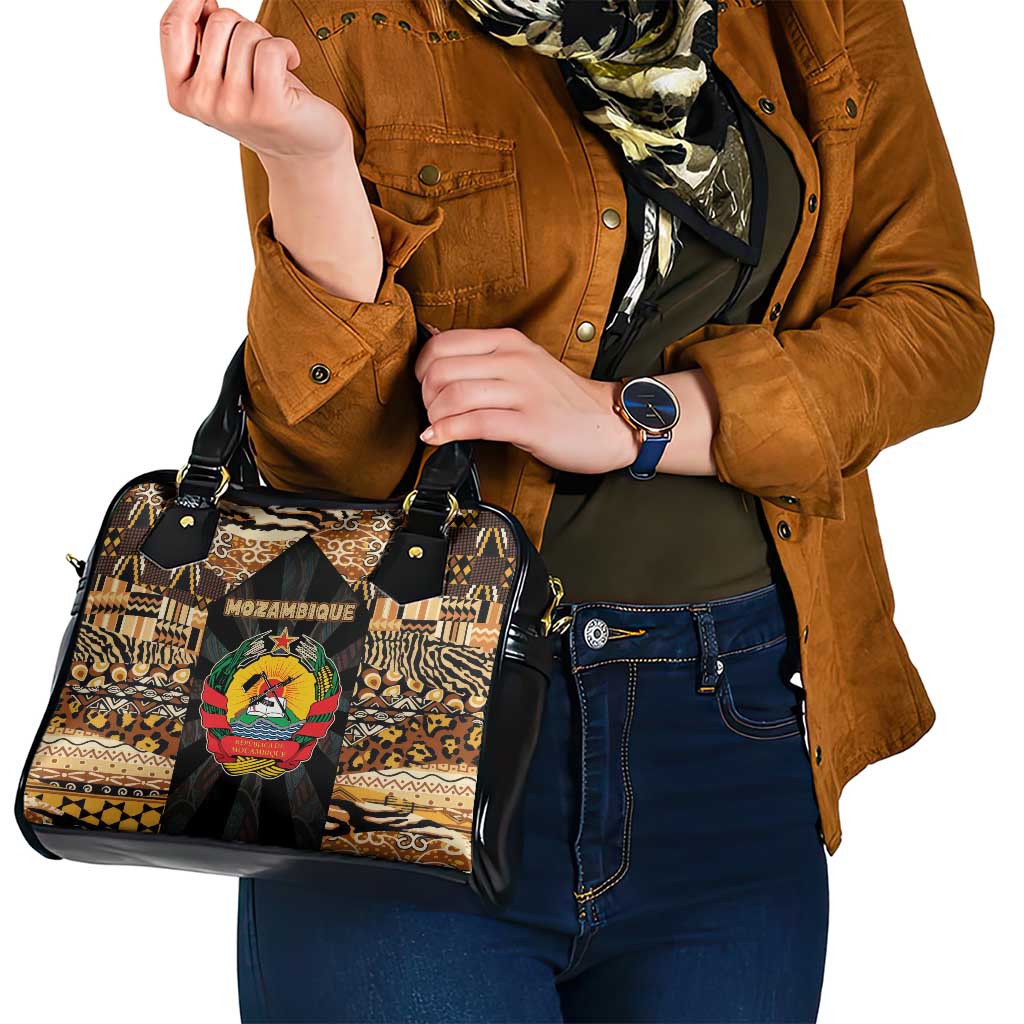 Mozambique Shoulder Handbag with Black Brown Tribal Design and National Emblem TS04