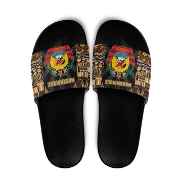 Mozambique Slide Sandals with Black Brown Tribal Design and National Emblem TS04