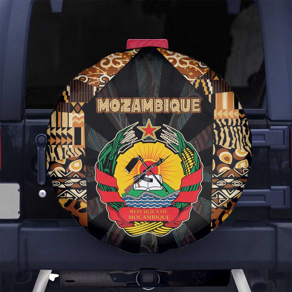 Mozambique Spare Tire Cover with Black Brown Tribal Design and National Emblem TS04