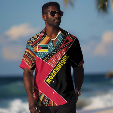 Mozambique Hawaiian Shirt Red Black Geometric Design and Tribal Pattern TS04
