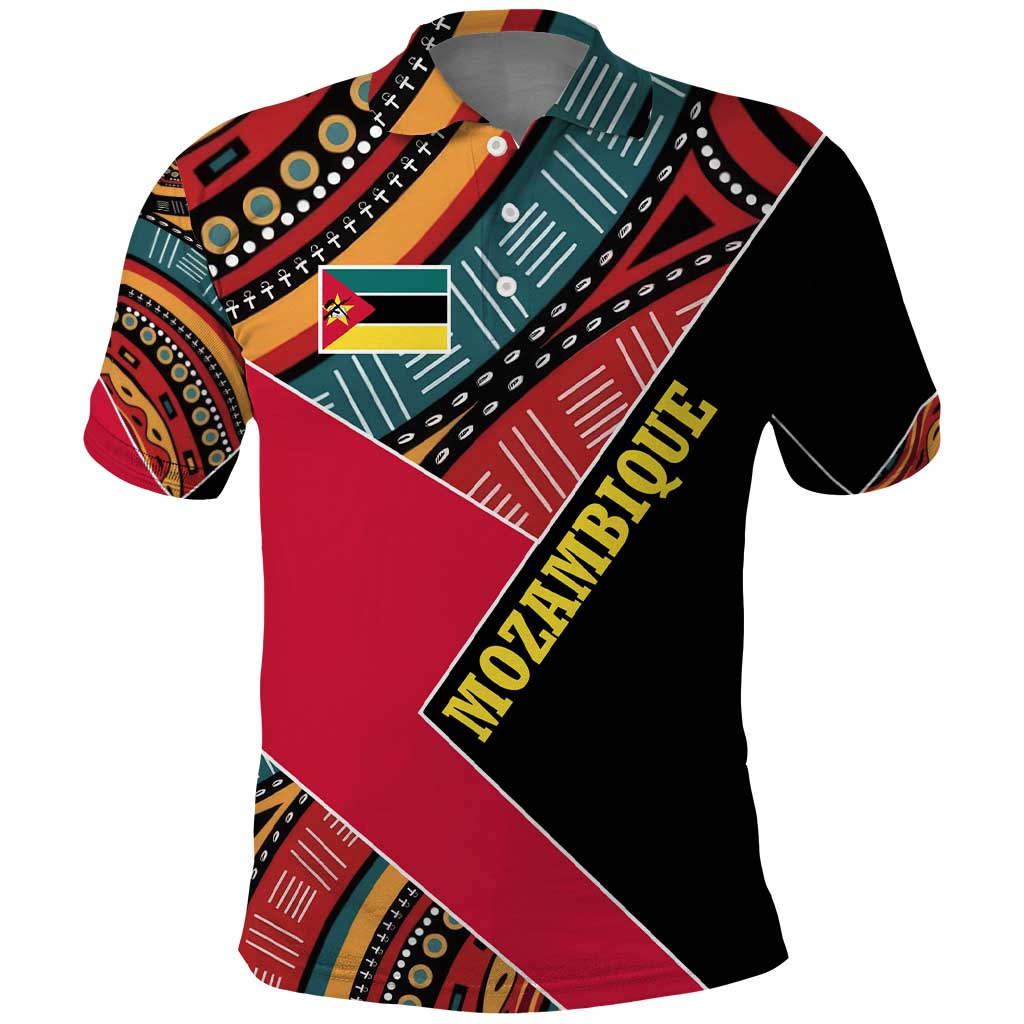 Mozambique Polo Shirt with Red Black Geometric Design and Tribal Pattern TS04