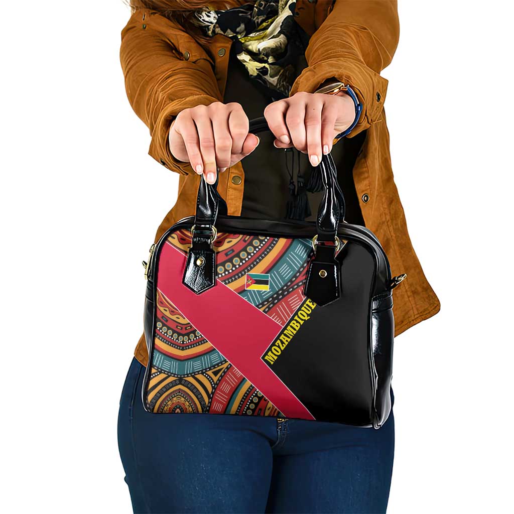 Mozambique Shoulder Handbag with Red Black Geometric Design and Tribal Pattern TS04