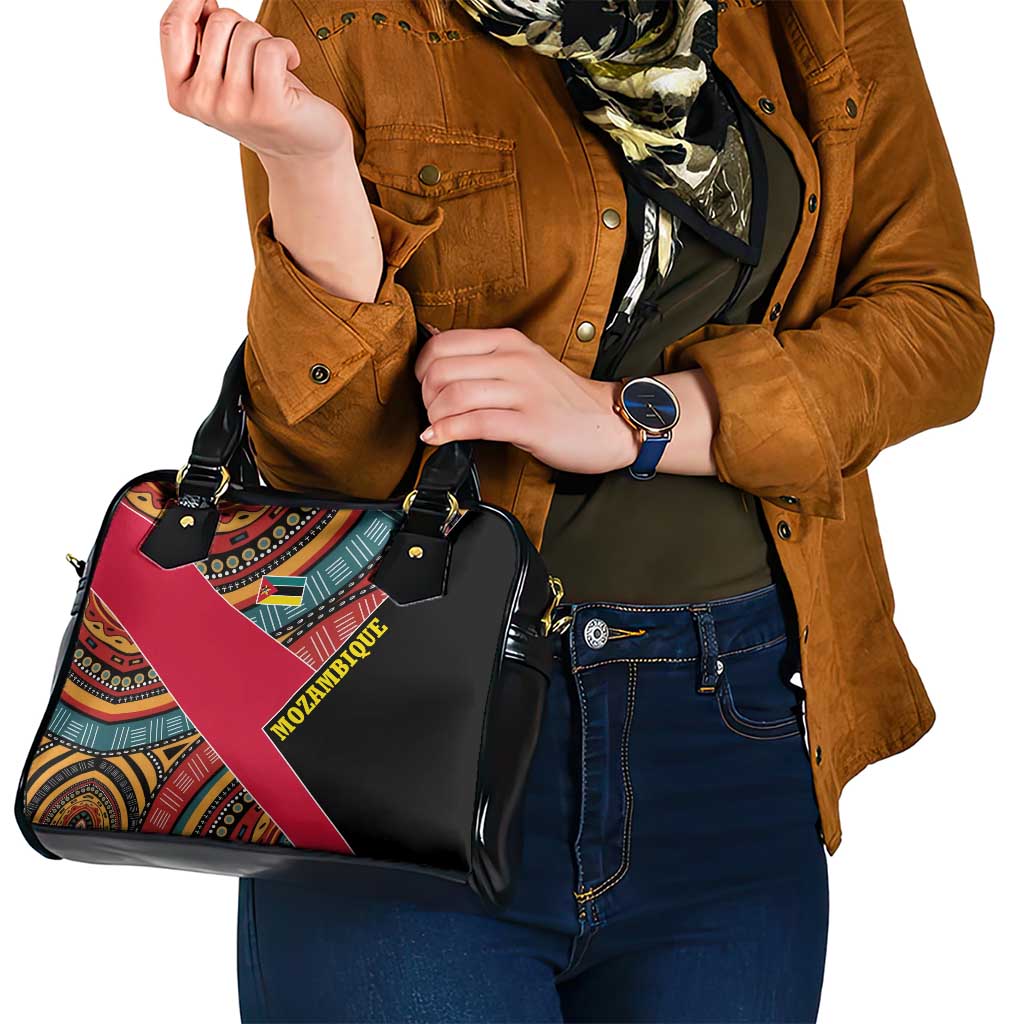 Mozambique Shoulder Handbag with Red Black Geometric Design and Tribal Pattern TS04
