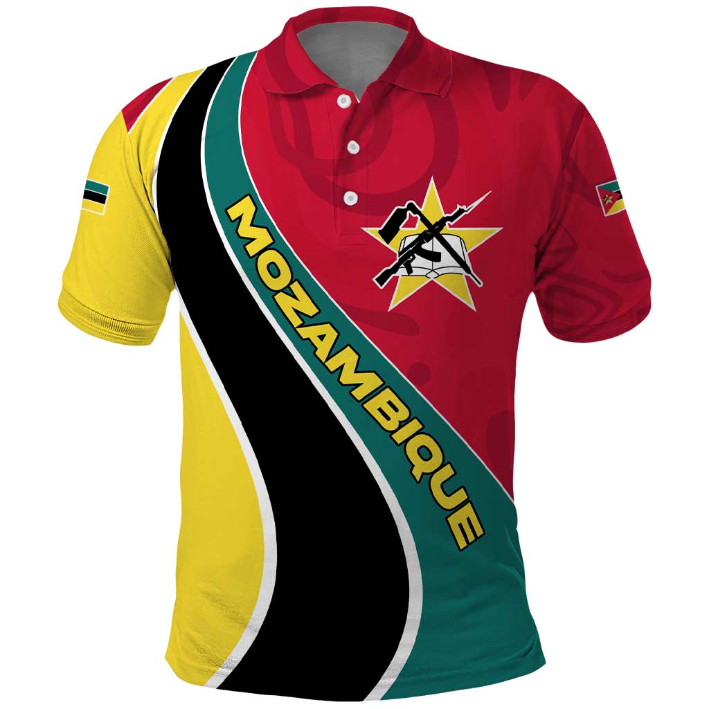 Mozambique Polo Shirt with Red Yellow Green Wave Design and National Emblem TS04