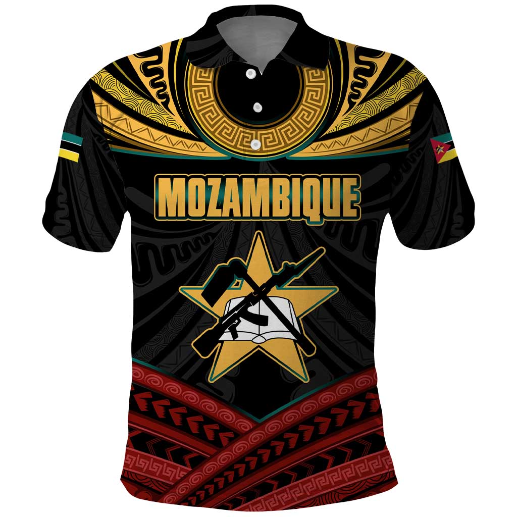 Mozambique Polo Shirt with Black Red Tribal Design and National Map Pattern TS04