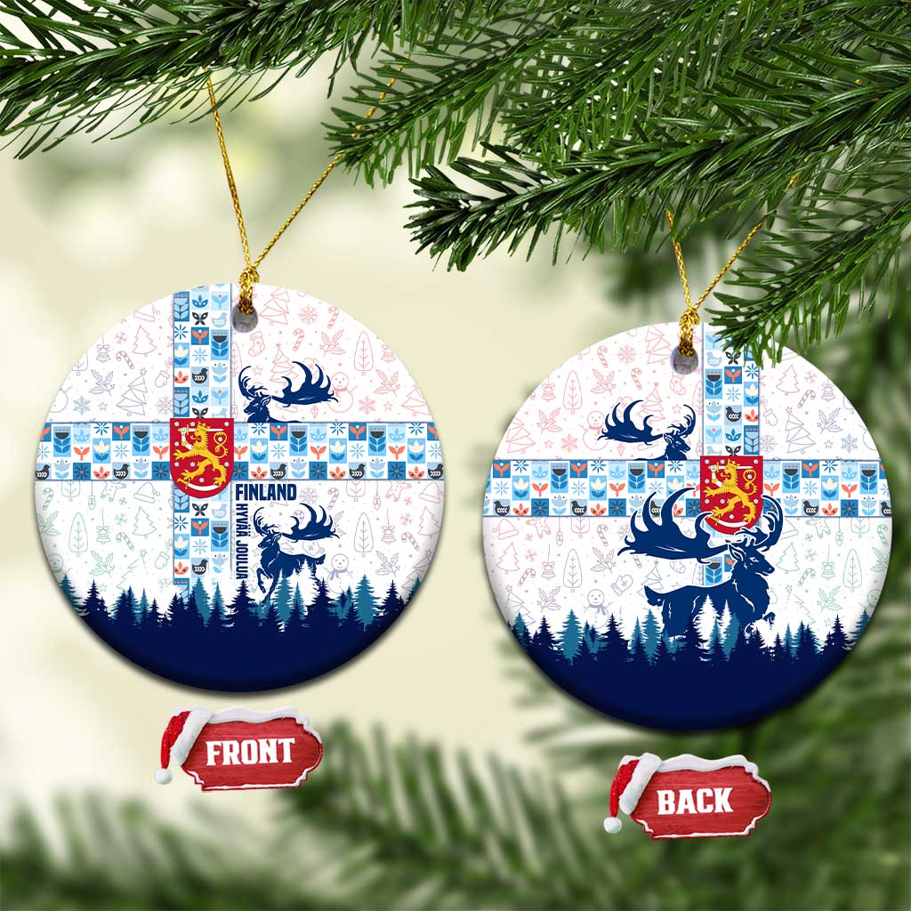 Finland Christmas Ceramic Ornament with Reindeer Forest Crest and Nordic Pattern Design TS04