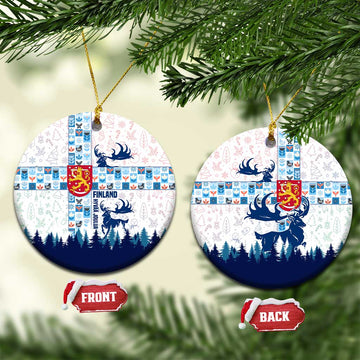 Finland Christmas Ceramic Ornament with Reindeer Forest Crest and Nordic Pattern Design TS04
