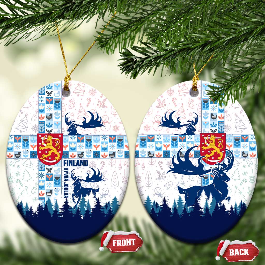 Finland Christmas Ceramic Ornament with Reindeer Forest Crest and Nordic Pattern Design TS04