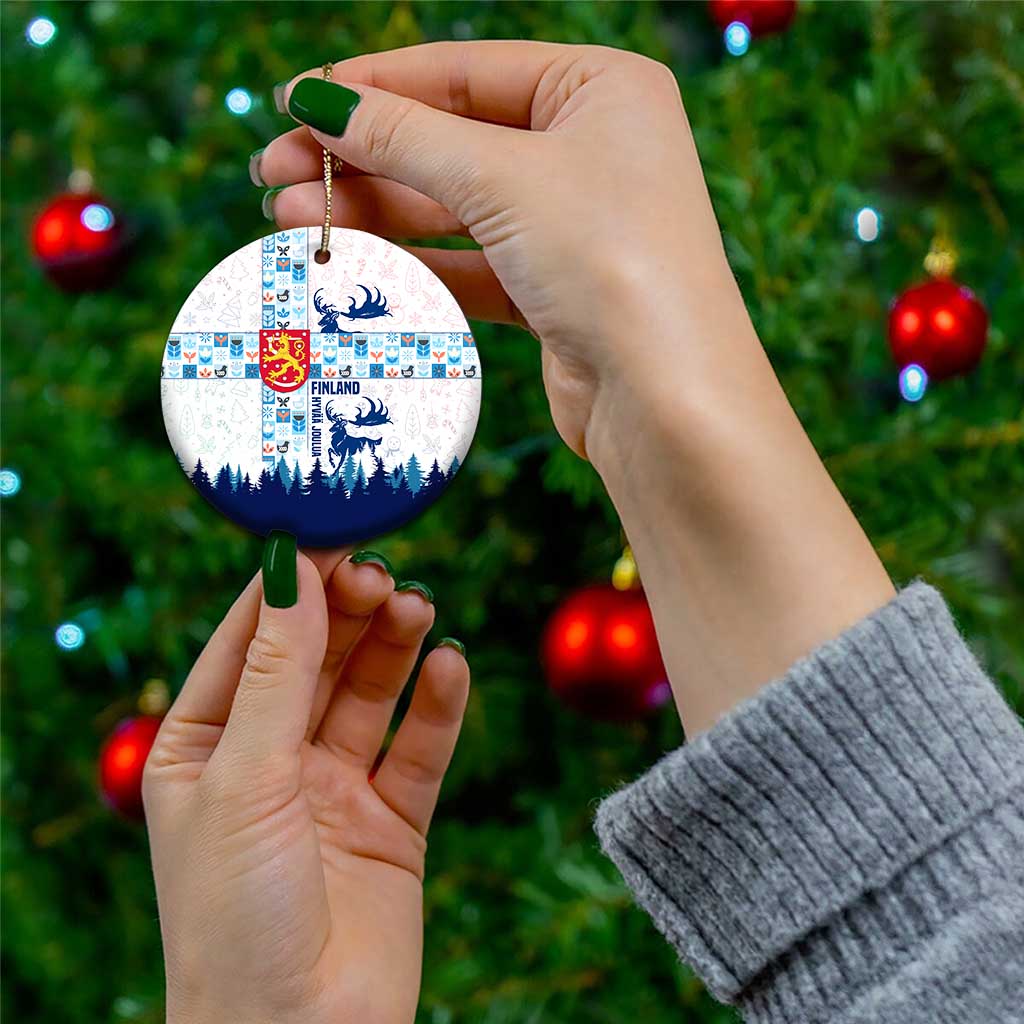 Finland Christmas Ceramic Ornament with Reindeer Forest Crest and Nordic Pattern Design TS04