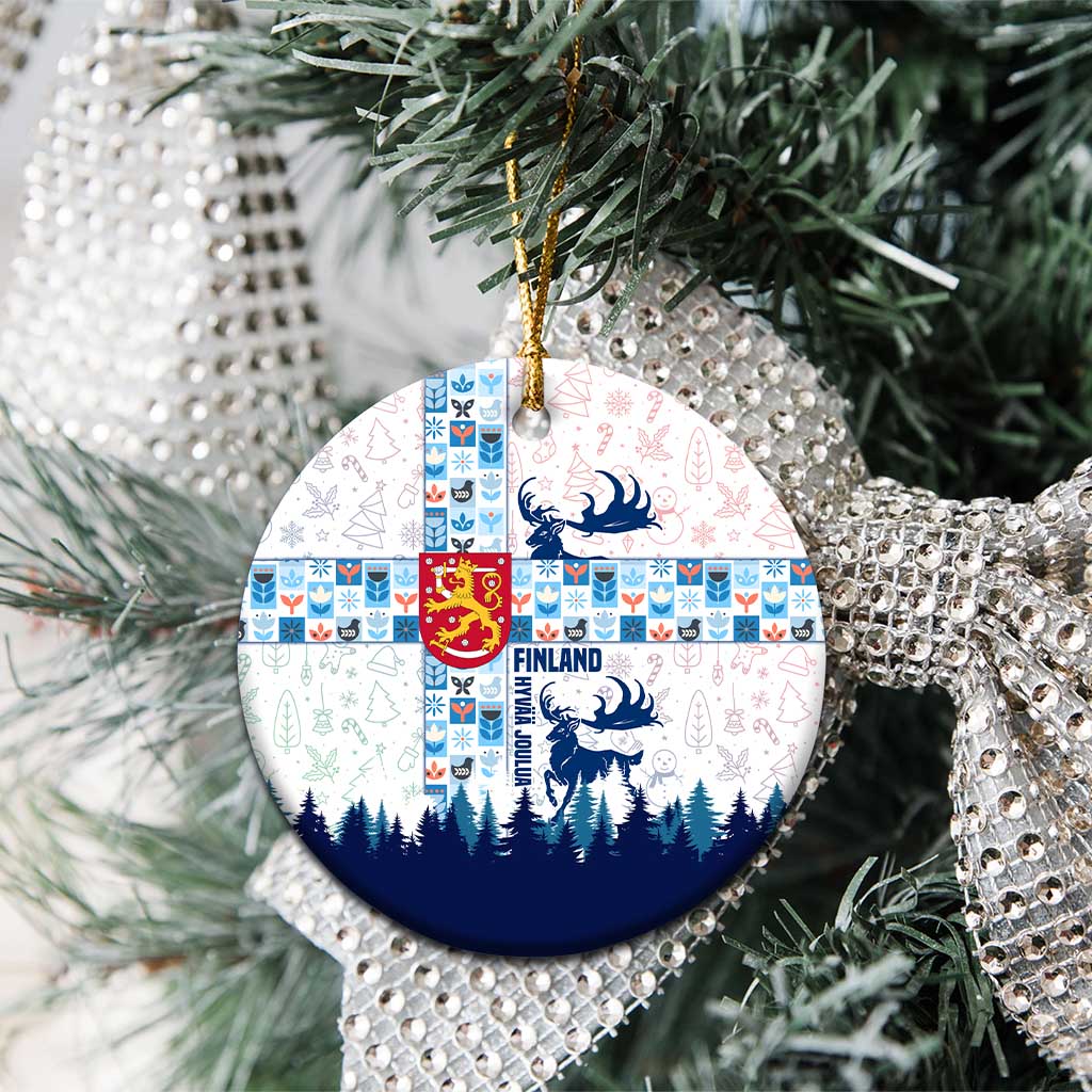 Finland Christmas Ceramic Ornament with Reindeer Forest Crest and Nordic Pattern Design TS04