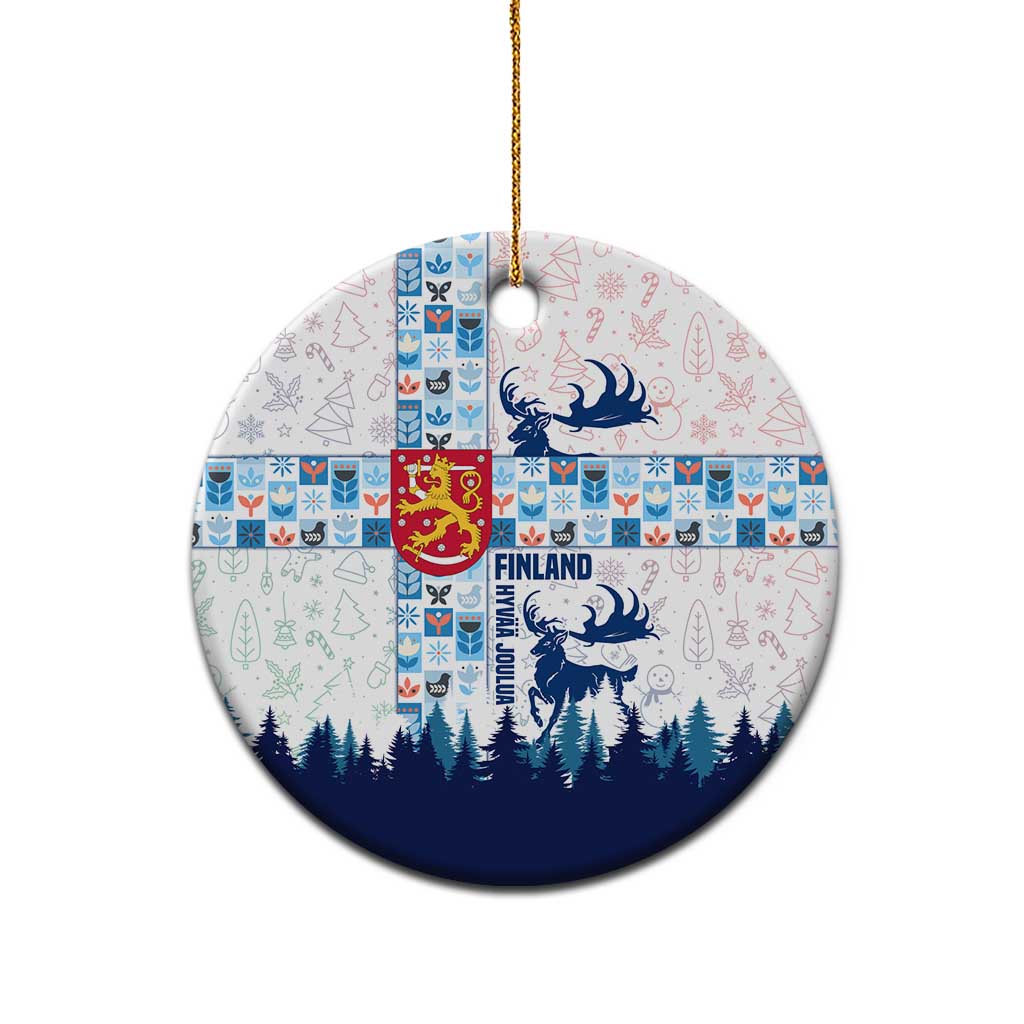 Finland Christmas Ceramic Ornament with Reindeer Forest Crest and Nordic Pattern Design TS04