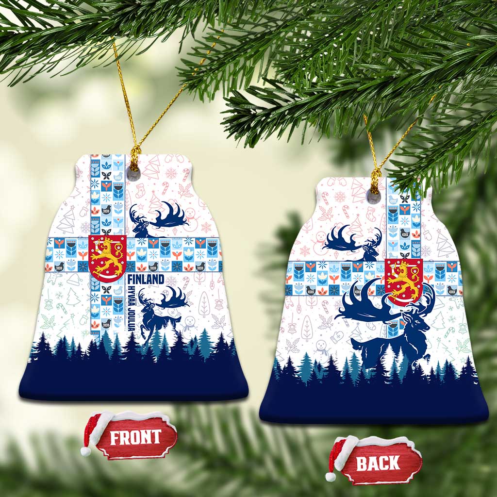 Finland Christmas Ceramic Ornament with Reindeer Forest Crest and Nordic Pattern Design TS04