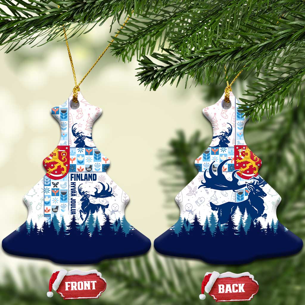 Finland Christmas Ceramic Ornament with Reindeer Forest Crest and Nordic Pattern Design TS04