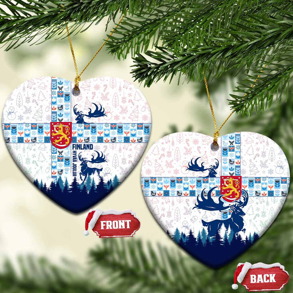 Finland Christmas Ceramic Ornament with Reindeer Forest Crest and Nordic Pattern Design TS04