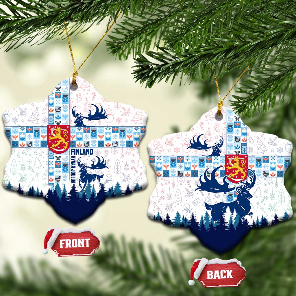 Finland Christmas Ceramic Ornament with Reindeer Forest Crest and Nordic Pattern Design TS04