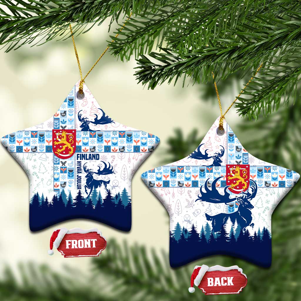 Finland Christmas Ceramic Ornament with Reindeer Forest Crest and Nordic Pattern Design TS04