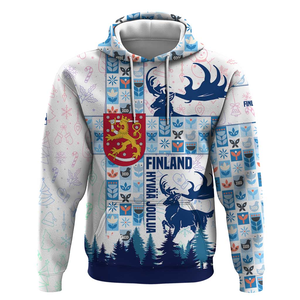 Finland Christmas Hoodie with Reindeer Forest Crest and Nordic Pattern Design TS04