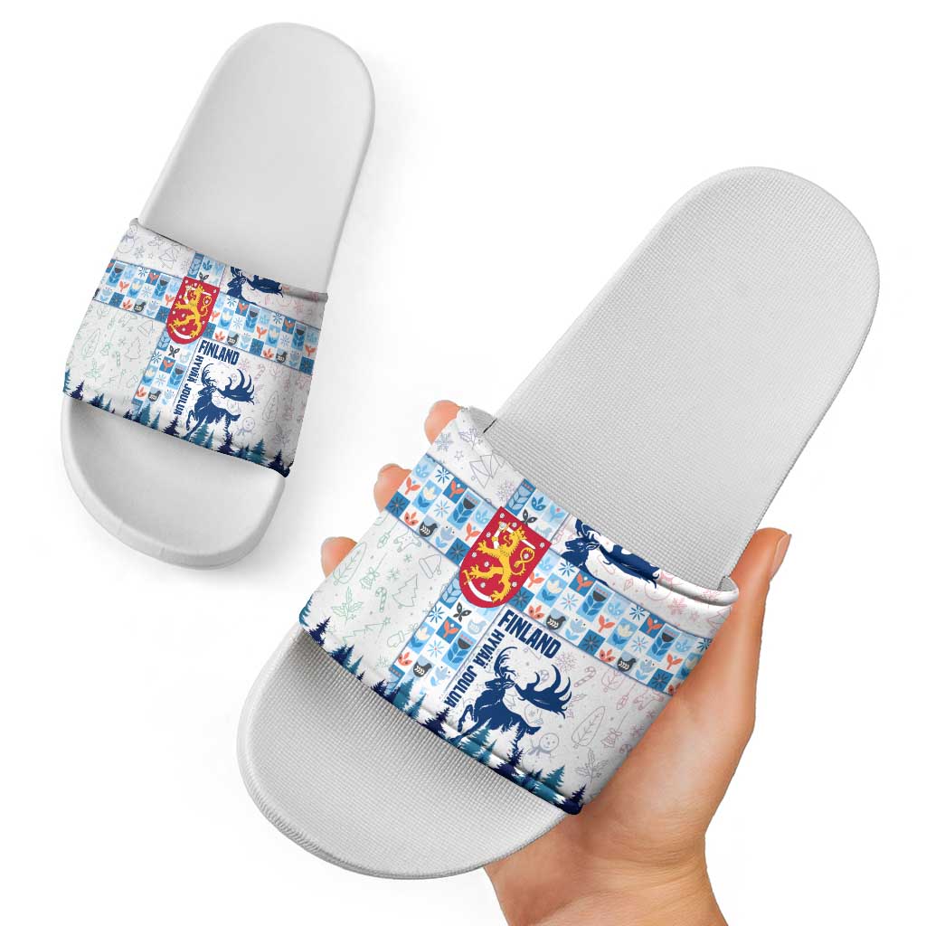 Finland Christmas Slide Sandals with Reindeer Forest Crest and Nordic Pattern Design TS04
