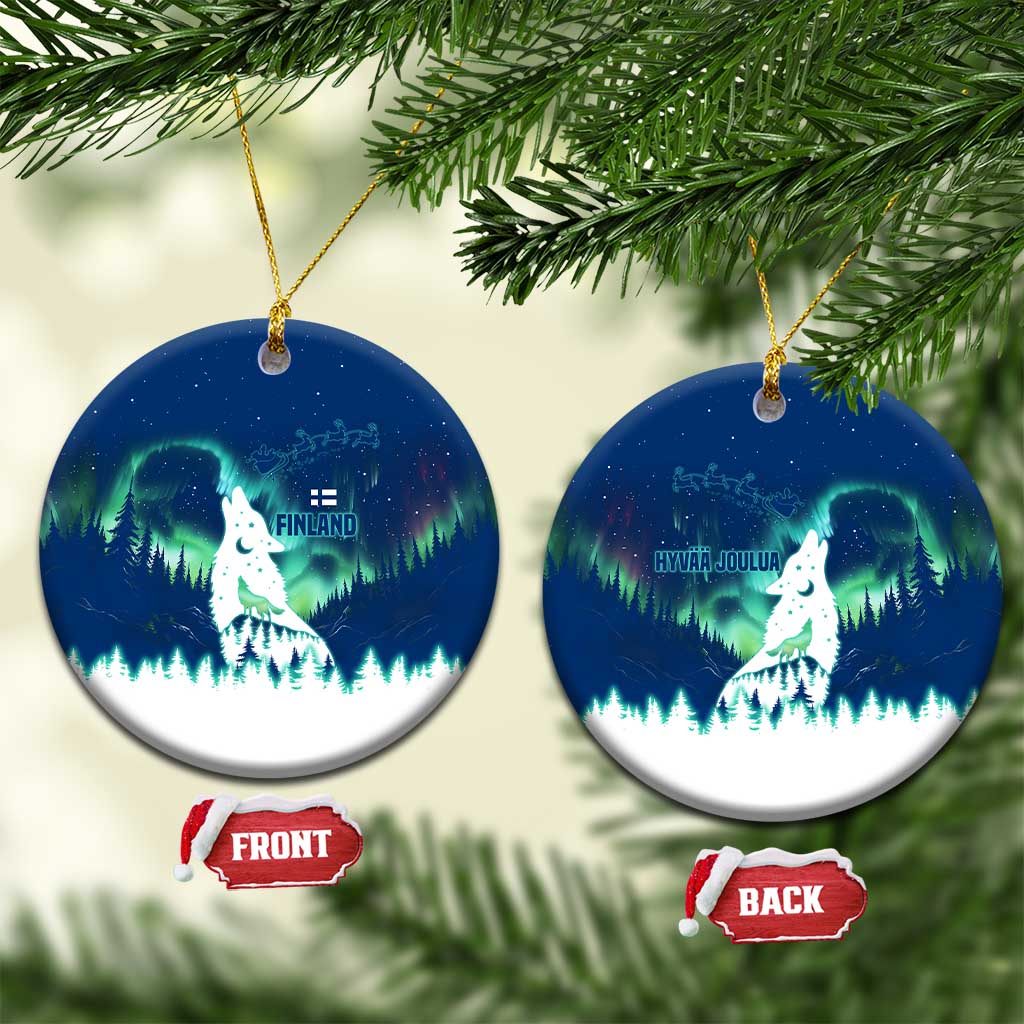 Finland Christmas Ceramic Ornament with Howling Wolf Northern Lights Forest and Snow Design TS04