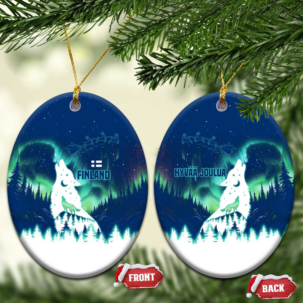 Finland Christmas Ceramic Ornament with Howling Wolf Northern Lights Forest and Snow Design TS04