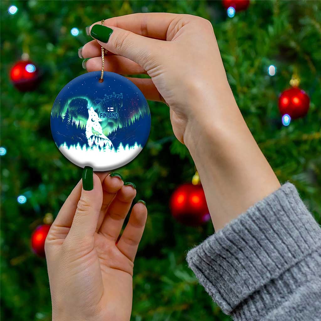 Finland Christmas Ceramic Ornament with Howling Wolf Northern Lights Forest and Snow Design TS04