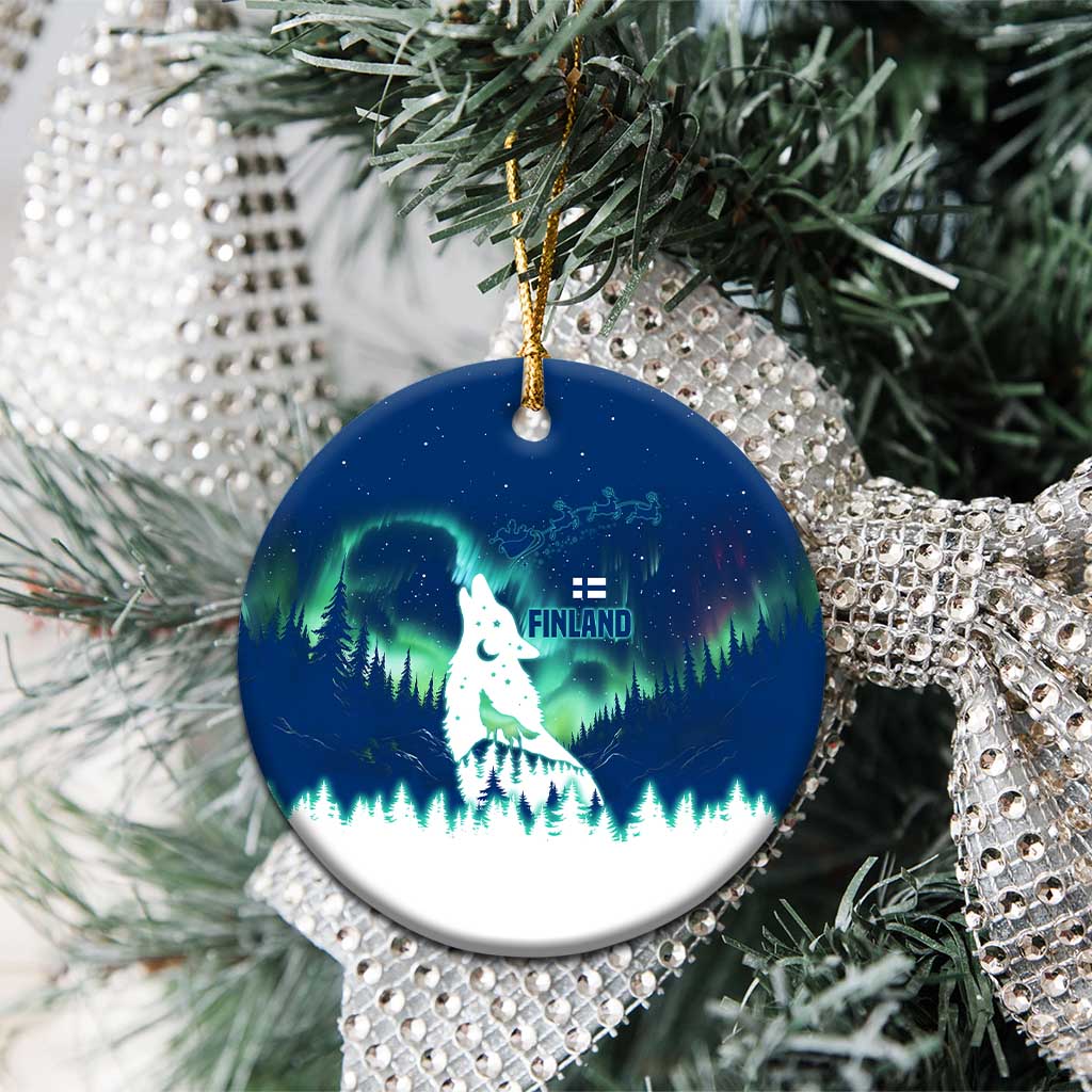 Finland Christmas Ceramic Ornament with Howling Wolf Northern Lights Forest and Snow Design TS04