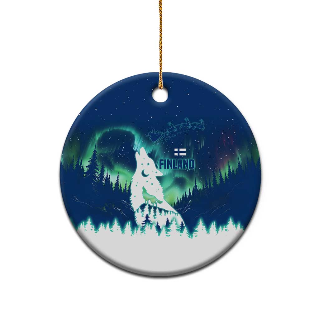 Finland Christmas Ceramic Ornament with Howling Wolf Northern Lights Forest and Snow Design TS04