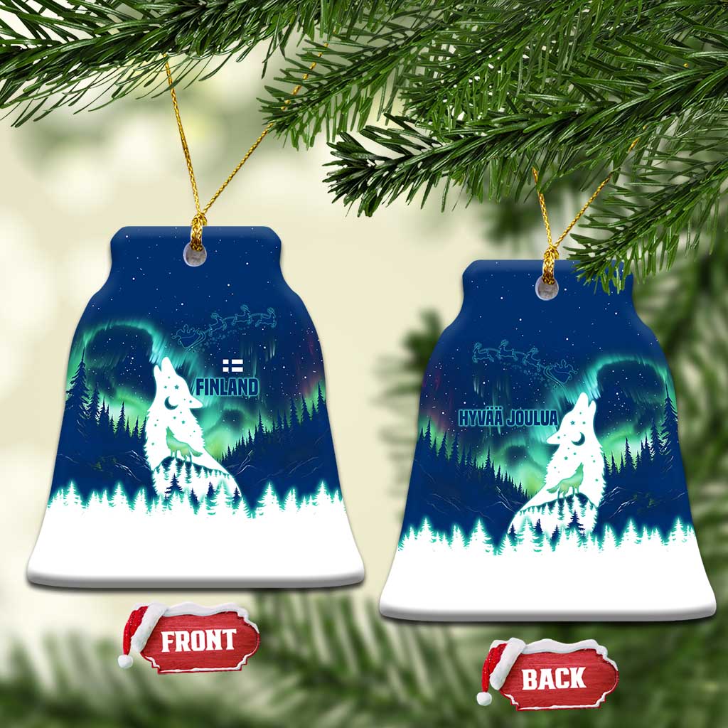 Finland Christmas Ceramic Ornament with Howling Wolf Northern Lights Forest and Snow Design TS04