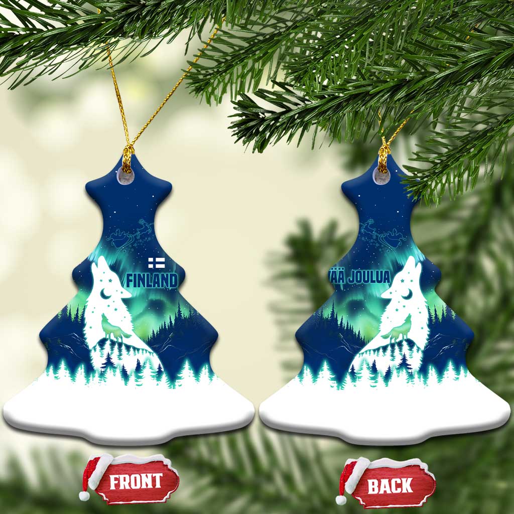 Finland Christmas Ceramic Ornament with Howling Wolf Northern Lights Forest and Snow Design TS04