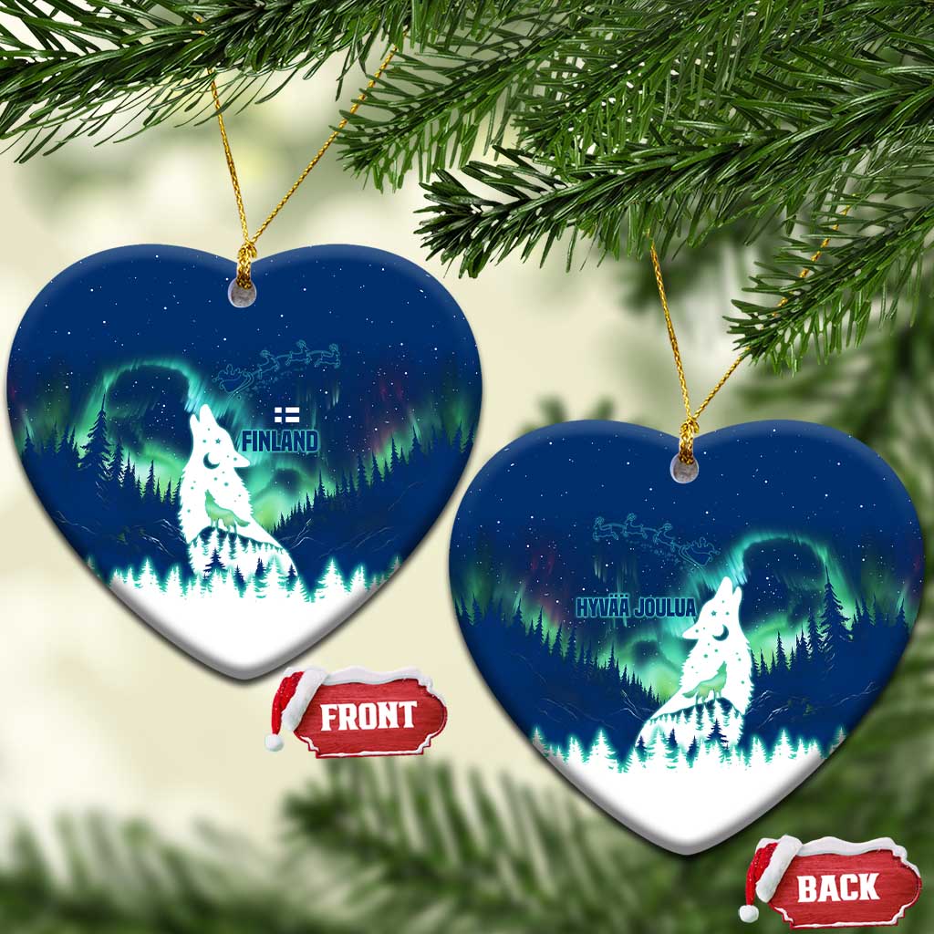 Finland Christmas Ceramic Ornament with Howling Wolf Northern Lights Forest and Snow Design TS04