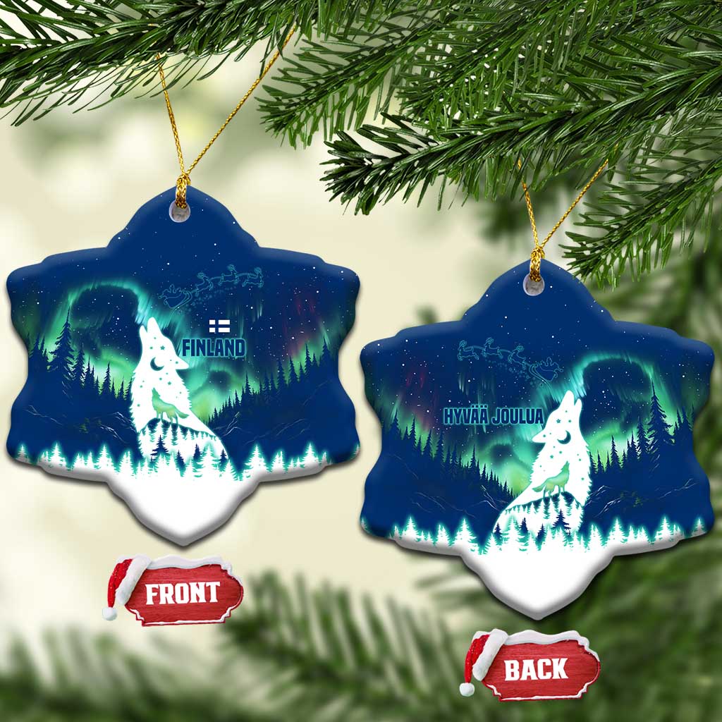 Finland Christmas Ceramic Ornament with Howling Wolf Northern Lights Forest and Snow Design TS04