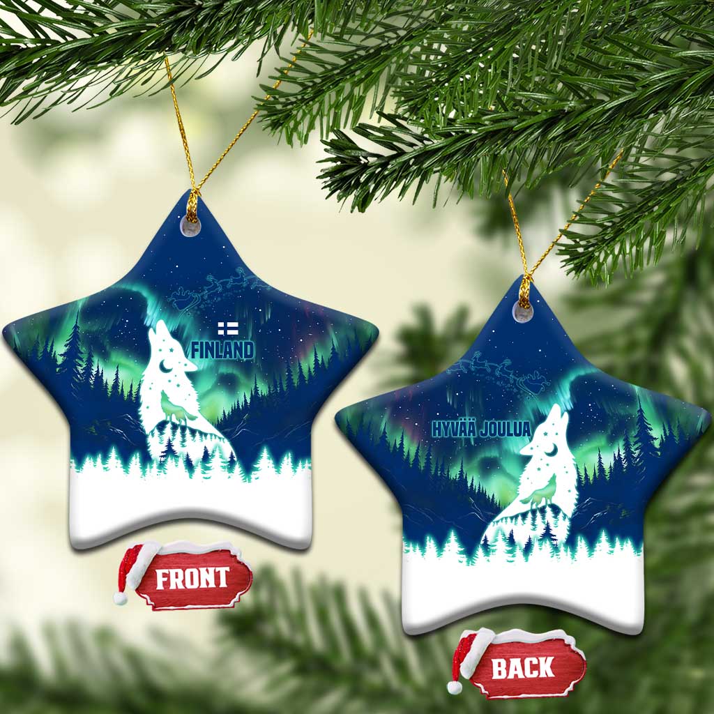 Finland Christmas Ceramic Ornament with Howling Wolf Northern Lights Forest and Snow Design TS04